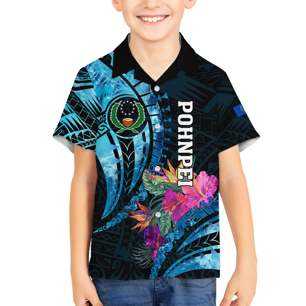 Personalised FSM Pohnpei State Family Matching Off Shoulder Maxi Dress and Hawaiian Shirt Tropical Flowers Tribal Pattern LT05 Son's Shirt Blue - Polynesian Pride
