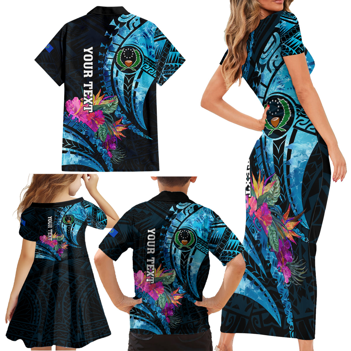 Personalised FSM Pohnpei State Family Matching Short Sleeve Bodycon Dress and Hawaiian Shirt Tropical Flowers Tribal Pattern LT05 - Polynesian Pride
