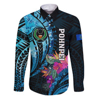 Personalised FSM Pohnpei State Family Matching Short Sleeve Bodycon Dress and Hawaiian Shirt Tropical Flowers Tribal Pattern LT05 Dad's Shirt - Long Sleeve Blue - Polynesian Pride