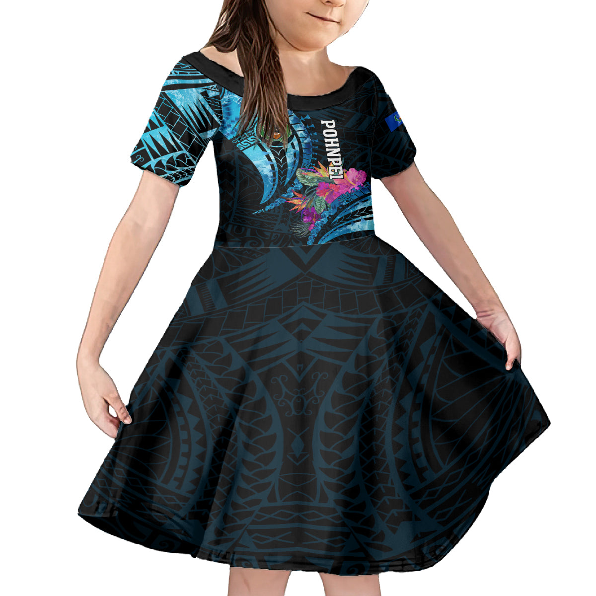 Personalised FSM Pohnpei State Kid Short Sleeve Dress Tropical Flowers Tribal Pattern LT05 KID Blue - Polynesian Pride