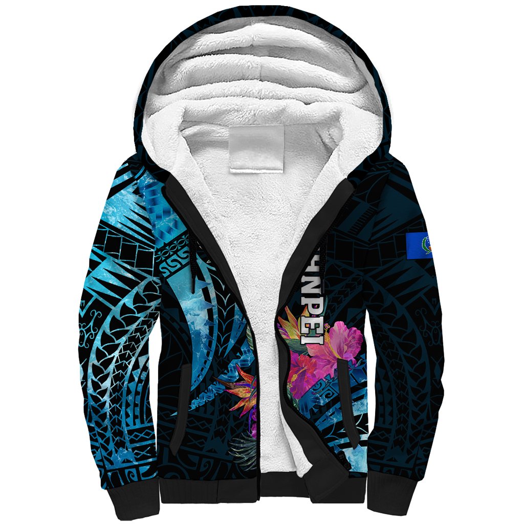 Personalised FSM Pohnpei State Sherpa Hoodie Tropical Flowers Tribal Pattern LT05 Unisex Blue - Polynesian Pride