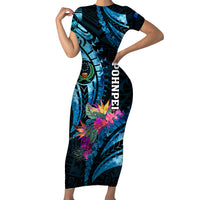 Personalised FSM Pohnpei State Short Sleeve Bodycon Dress Tropical Flowers Tribal Pattern LT05 Long Dress Blue - Polynesian Pride