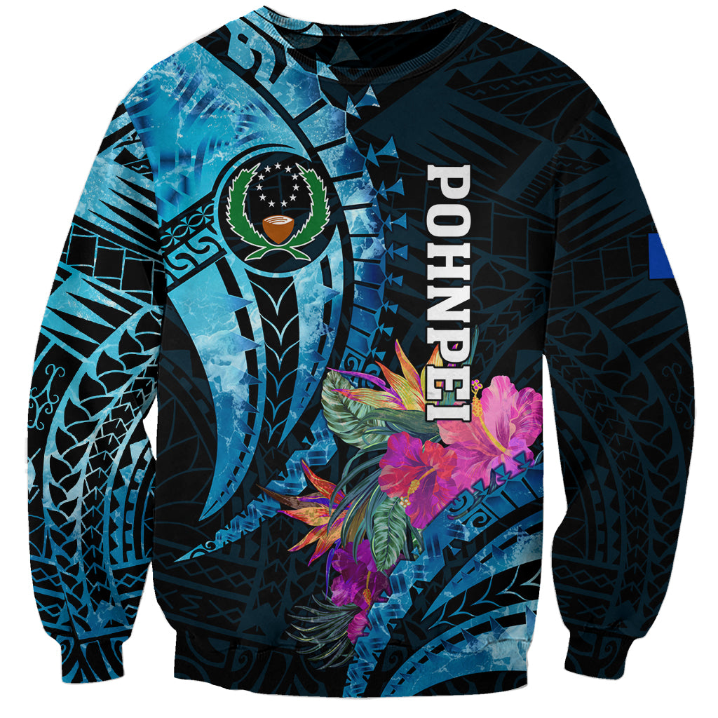 Personalised FSM Pohnpei State Sweatshirt Tropical Flowers Tribal Pattern LT05 Unisex Blue - Polynesian Pride