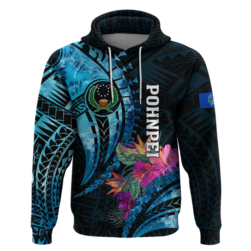 Personalised FSM Pohnpei State Zip Hoodie Tropical Flowers Tribal Pattern LT05 Pullover Hoodie Blue - Polynesian Pride