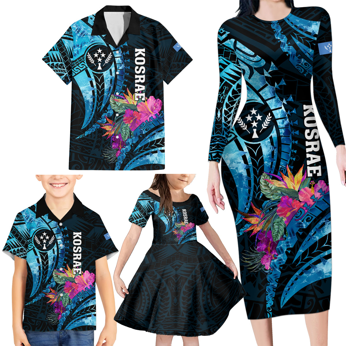 Personalised FSM Kosrae State Family Matching Long Sleeve Bodycon Dress and Hawaiian Shirt Tropical Flowers Tribal Pattern LT05 - Polynesian Pride
