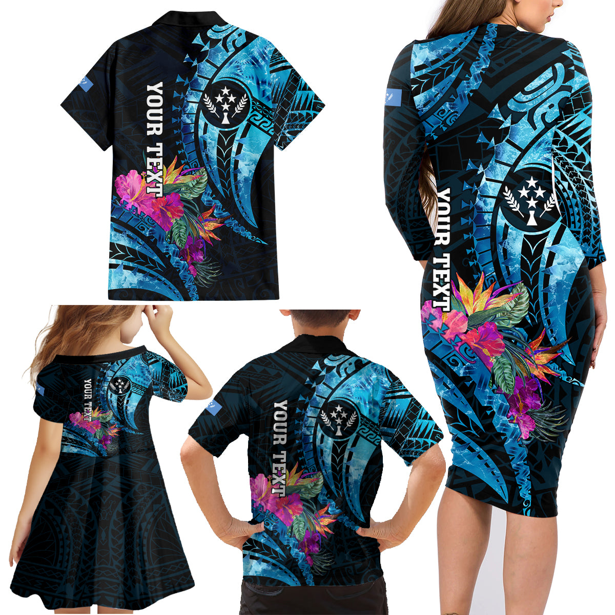 Personalised FSM Kosrae State Family Matching Long Sleeve Bodycon Dress and Hawaiian Shirt Tropical Flowers Tribal Pattern LT05 - Polynesian Pride