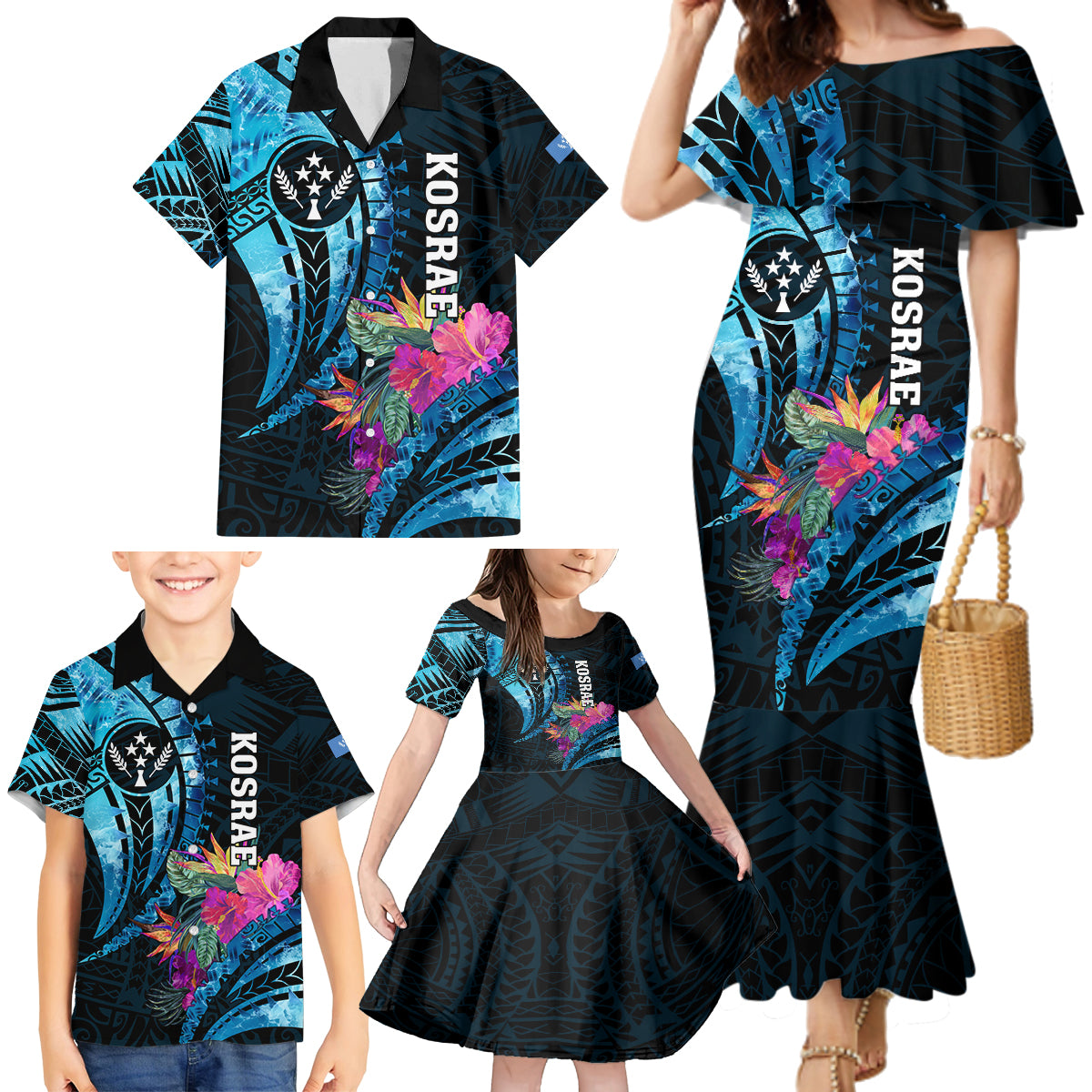 Personalised FSM Kosrae State Family Matching Mermaid Dress and Hawaiian Shirt Tropical Flowers Tribal Pattern LT05 - Polynesian Pride