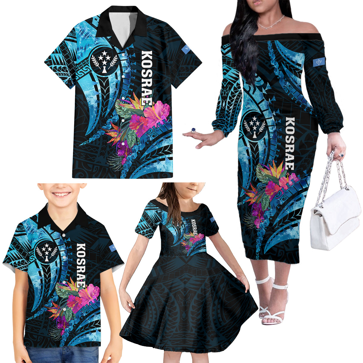 Personalised FSM Kosrae State Family Matching Off Shoulder Long Sleeve Dress and Hawaiian Shirt Tropical Flowers Tribal Pattern LT05 - Polynesian Pride