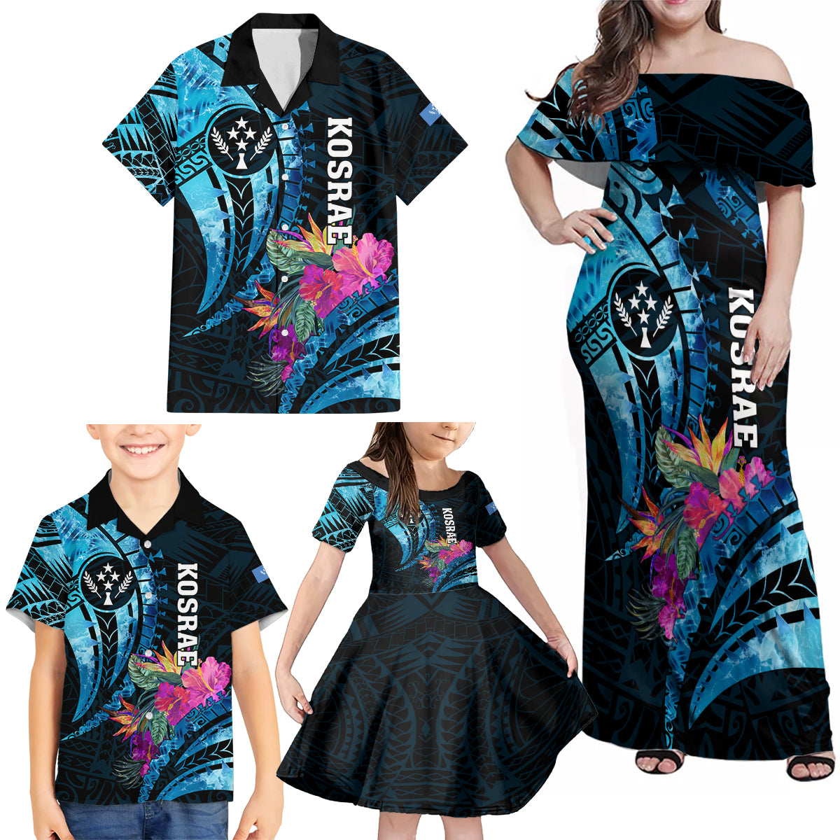 Personalised FSM Kosrae State Family Matching Off Shoulder Maxi Dress and Hawaiian Shirt Tropical Flowers Tribal Pattern LT05 - Polynesian Pride