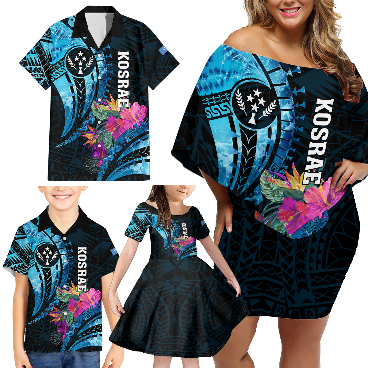 Personalised FSM Kosrae State Family Matching Off Shoulder Short Dress and Hawaiian Shirt Tropical Flowers Tribal Pattern LT05 - Polynesian Pride