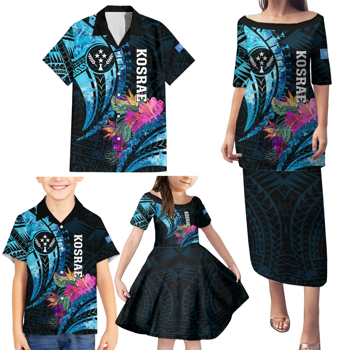 Personalised FSM Kosrae State Family Matching Puletasi and Hawaiian Shirt Tropical Flowers Tribal Pattern LT05 - Polynesian Pride