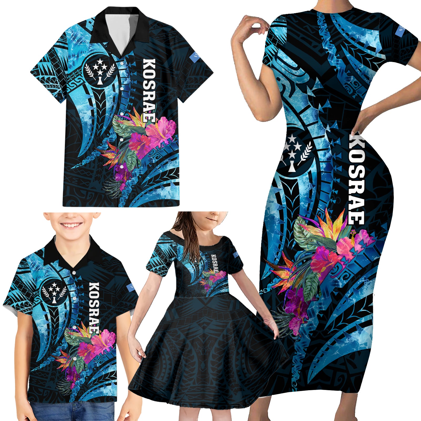 Personalised FSM Kosrae State Family Matching Short Sleeve Bodycon Dress and Hawaiian Shirt Tropical Flowers Tribal Pattern LT05 - Polynesian Pride