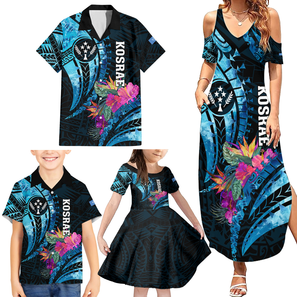 Personalised FSM Kosrae State Family Matching Summer Maxi Dress and Hawaiian Shirt Tropical Flowers Tribal Pattern LT05 - Polynesian Pride