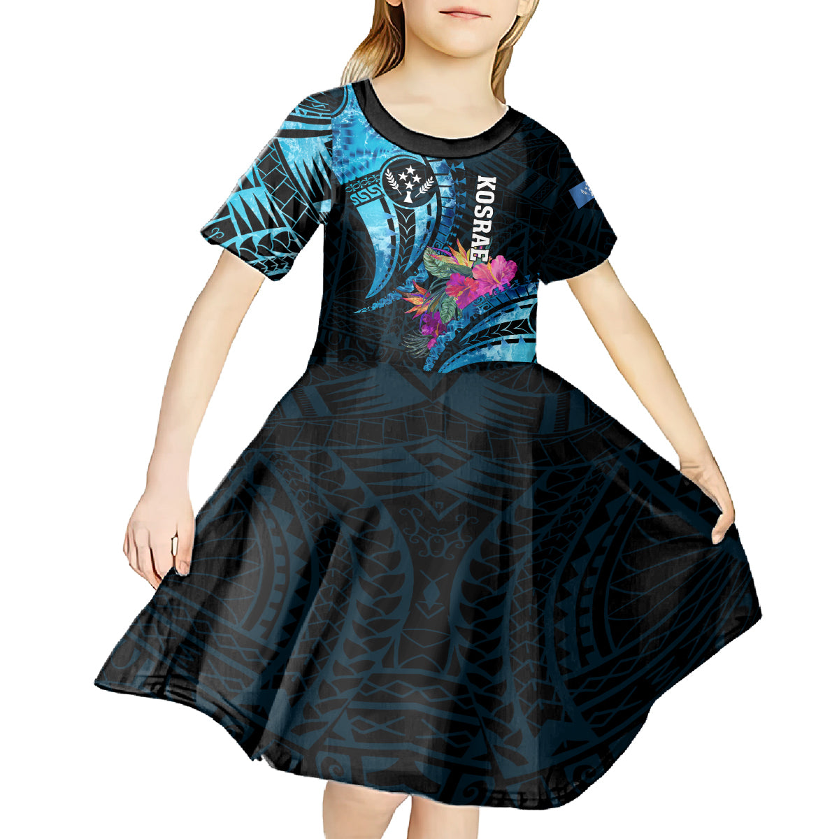 Personalised FSM Kosrae State Kid Short Sleeve Dress Tropical Flowers Tribal Pattern LT05 - Polynesian Pride