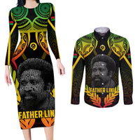 Personalised Vanuatu Father Lini Day Couples Matching Long Sleeve Bodycon Dress and Long Sleeve Button Shirt Polynesian Tribal Pattern LT05 Black - Polynesian Pride