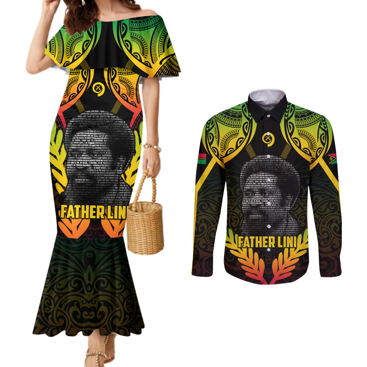 Personalised Vanuatu Father Lini Day Couples Matching Mermaid Dress and Long Sleeve Button Shirt Polynesian Tribal Pattern LT05 Black - Polynesian Pride