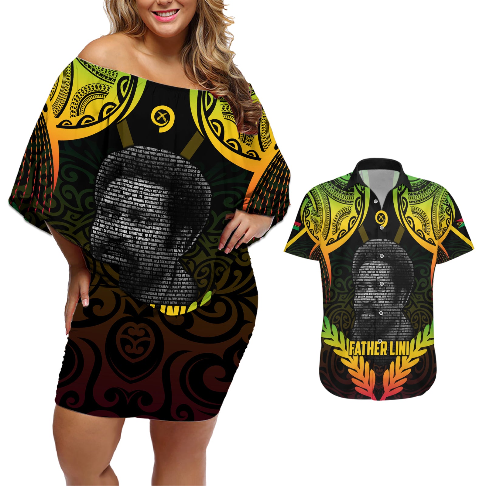 Personalised Vanuatu Father Lini Day Couples Matching Off Shoulder Short Dress and Hawaiian Shirt Polynesian Tribal Pattern LT05 Black - Polynesian Pride