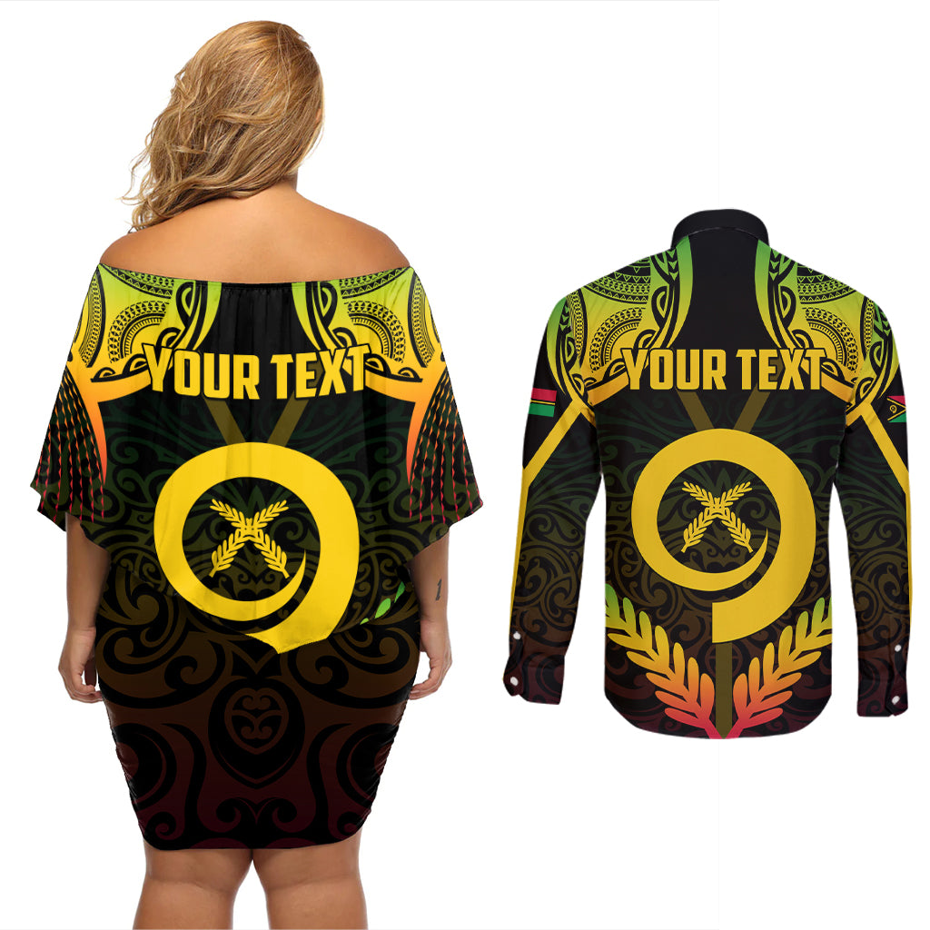 Personalised Vanuatu Father Lini Day Couples Matching Off Shoulder Short Dress and Long Sleeve Button Shirt Polynesian Tribal Pattern LT05 - Polynesian Pride
