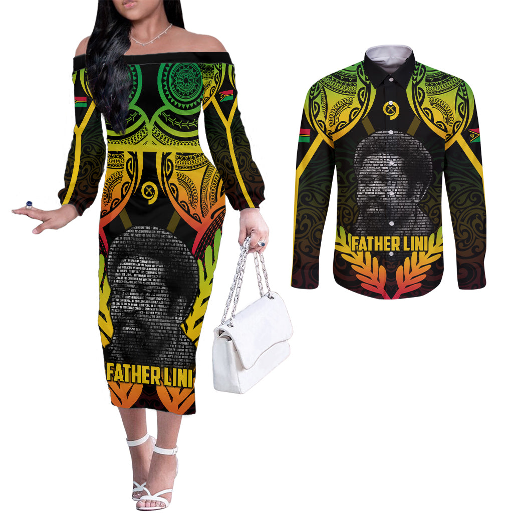 Personalised Vanuatu Father Lini Day Couples Matching Off The Shoulder Long Sleeve Dress and Long Sleeve Button Shirt Polynesian Tribal Pattern LT05 Black - Polynesian Pride