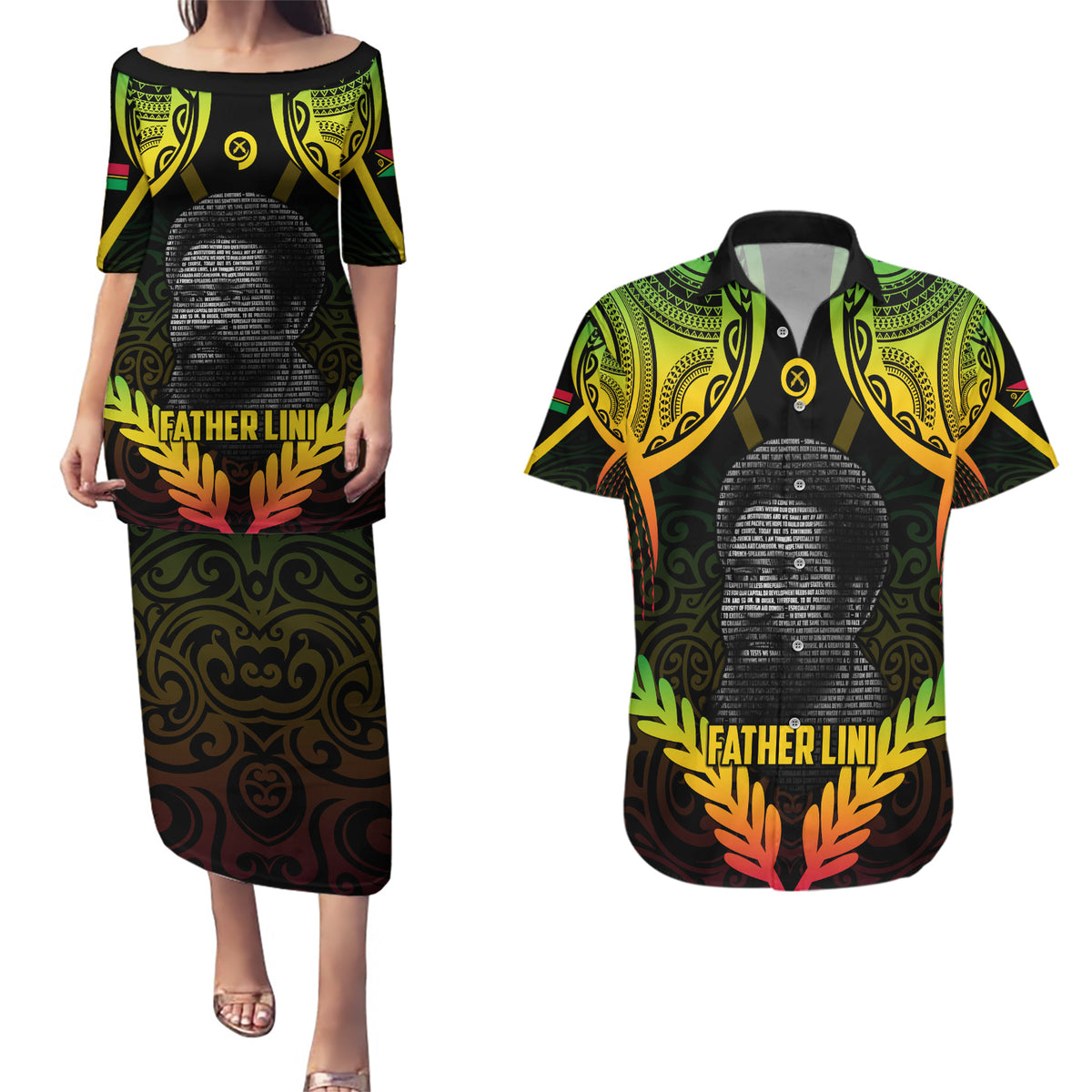 Personalised Vanuatu Father Lini Day Couples Matching Puletasi and Hawaiian Shirt Polynesian Tribal Pattern LT05 Black - Polynesian Pride