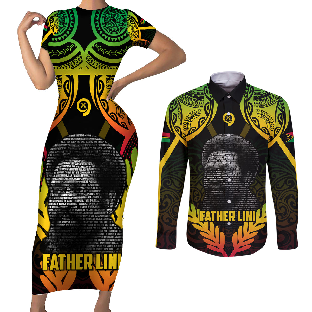 Personalised Vanuatu Father Lini Day Couples Matching Short Sleeve Bodycon Dress and Long Sleeve Button Shirt Polynesian Tribal Pattern LT05 Black - Polynesian Pride