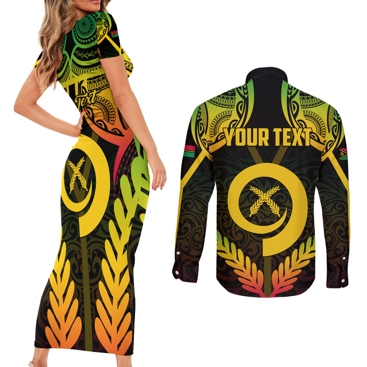 Personalised Vanuatu Father Lini Day Couples Matching Short Sleeve Bodycon Dress and Long Sleeve Button Shirt Polynesian Tribal Pattern LT05 - Polynesian Pride