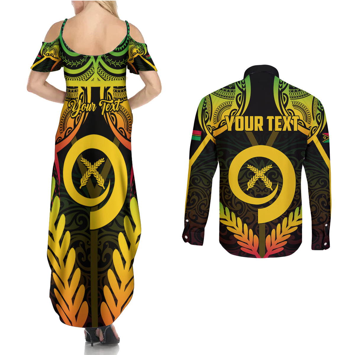 Personalised Vanuatu Father Lini Day Couples Matching Summer Maxi Dress and Long Sleeve Button Shirt Polynesian Tribal Pattern LT05 - Polynesian Pride