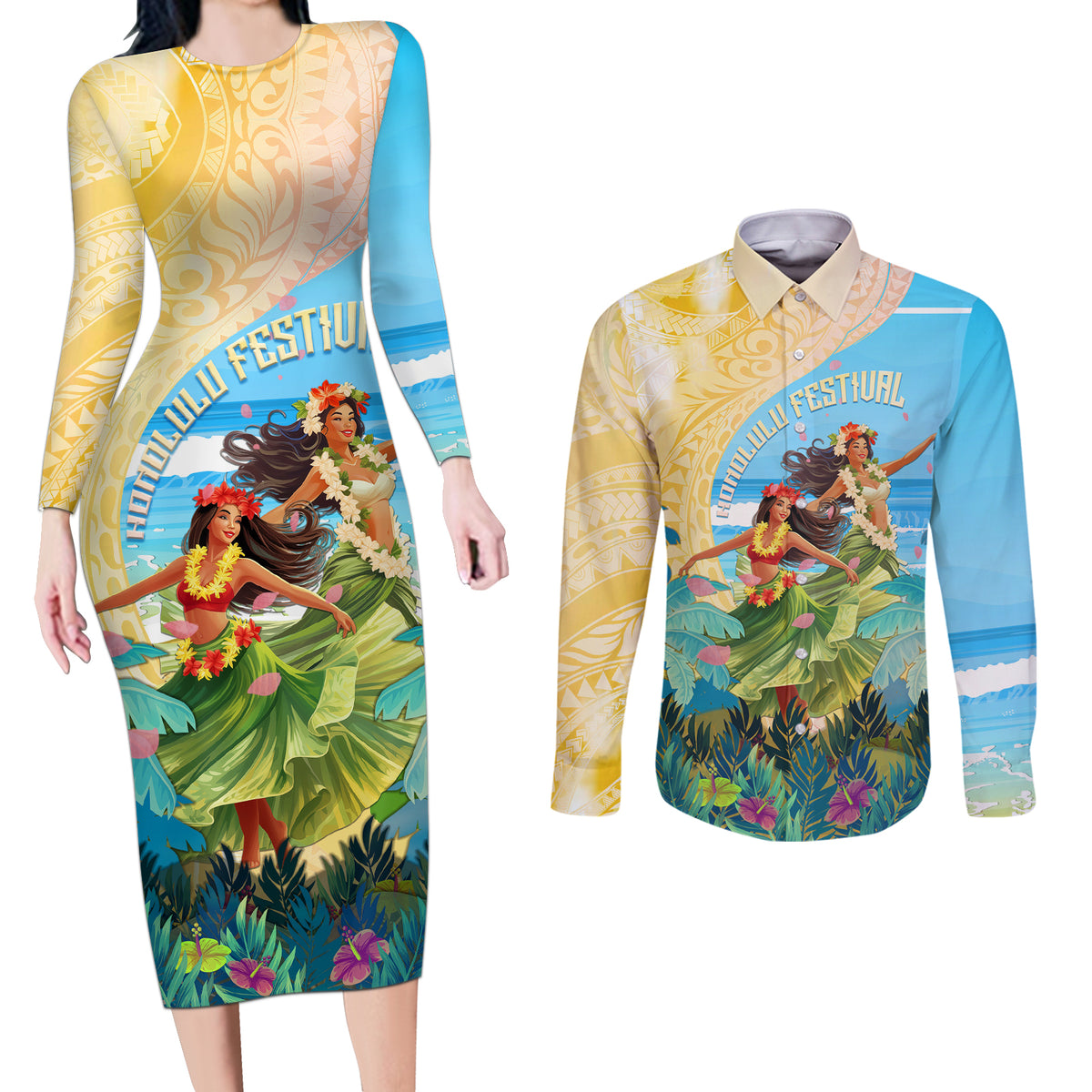 Personalised Hawaii Honolulu Festival Couples Matching Long Sleeve Bodycon Dress and Long Sleeve Button Shirt Hula Girls Tropical Vibe LT05 Blue - Polynesian Pride