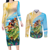Personalised Hawaii Honolulu Festival Couples Matching Long Sleeve Bodycon Dress and Long Sleeve Button Shirt Hula Girls Tropical Vibe LT05 Blue - Polynesian Pride