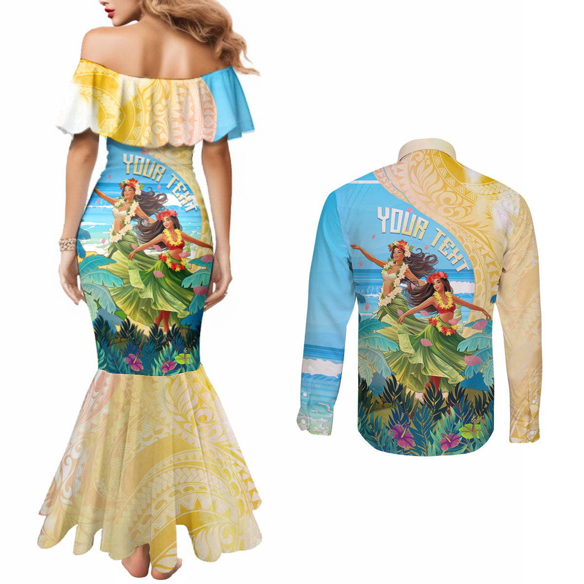 Personalised Hawaii Honolulu Festival Couples Matching Mermaid Dress and Long Sleeve Button Shirt Hula Girls Tropical Vibe LT05 - Polynesian Pride