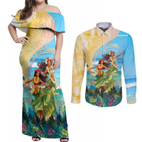 Personalised Hawaii Honolulu Festival Couples Matching Off Shoulder Maxi Dress and Long Sleeve Button Shirt Hula Girls Tropical Vibe LT05 Blue - Polynesian Pride
