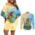 Personalised Hawaii Honolulu Festival Couples Matching Off Shoulder Short Dress and Long Sleeve Button Shirt Hula Girls Tropical Vibe LT05 Blue - Polynesian Pride