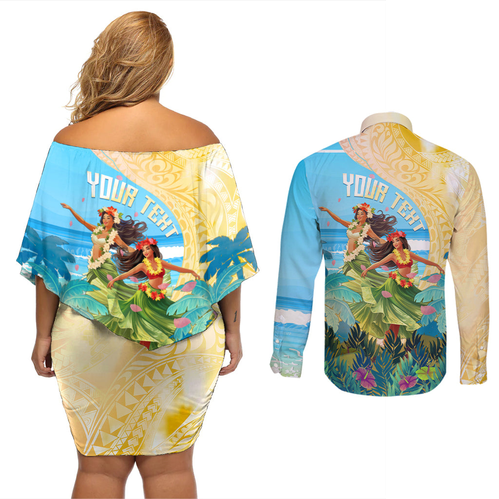 Personalised Hawaii Honolulu Festival Couples Matching Off Shoulder Short Dress and Long Sleeve Button Shirt Hula Girls Tropical Vibe LT05 - Polynesian Pride