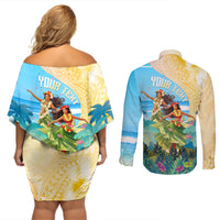 Personalised Hawaii Honolulu Festival Couples Matching Off Shoulder Short Dress and Long Sleeve Button Shirt Hula Girls Tropical Vibe LT05 - Polynesian Pride