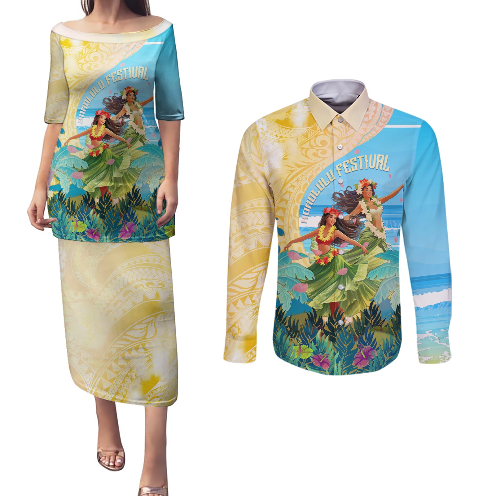 Personalised Hawaii Honolulu Festival Couples Matching Puletasi and Long Sleeve Button Shirt Hula Girls Tropical Vibe LT05 Blue - Polynesian Pride