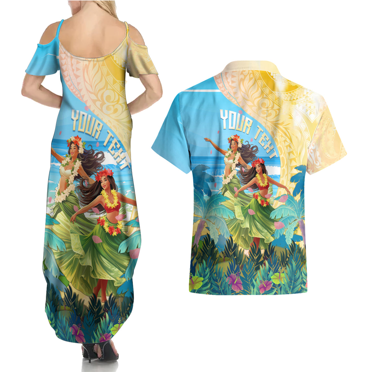 Personalised Hawaii Honolulu Festival Couples Matching Summer Maxi Dress and Hawaiian Shirt Hula Girls Tropical Vibe LT05 - Polynesian Pride