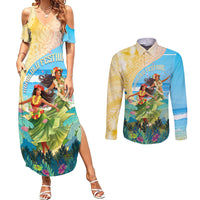 Personalised Hawaii Honolulu Festival Couples Matching Summer Maxi Dress and Long Sleeve Button Shirt Hula Girls Tropical Vibe LT05 Blue - Polynesian Pride