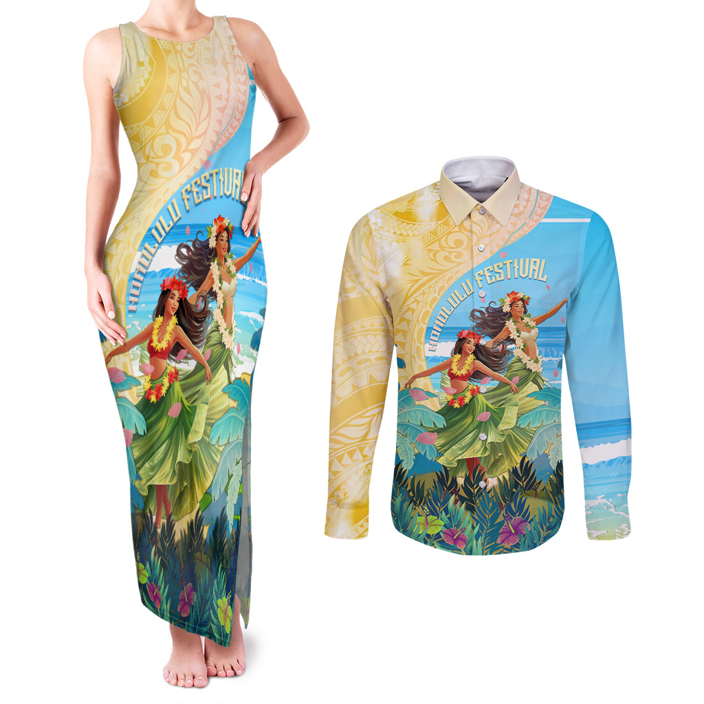 Personalised Hawaii Honolulu Festival Couples Matching Tank Maxi Dress and Long Sleeve Button Shirt Hula Girls Tropical Vibe LT05 Blue - Polynesian Pride