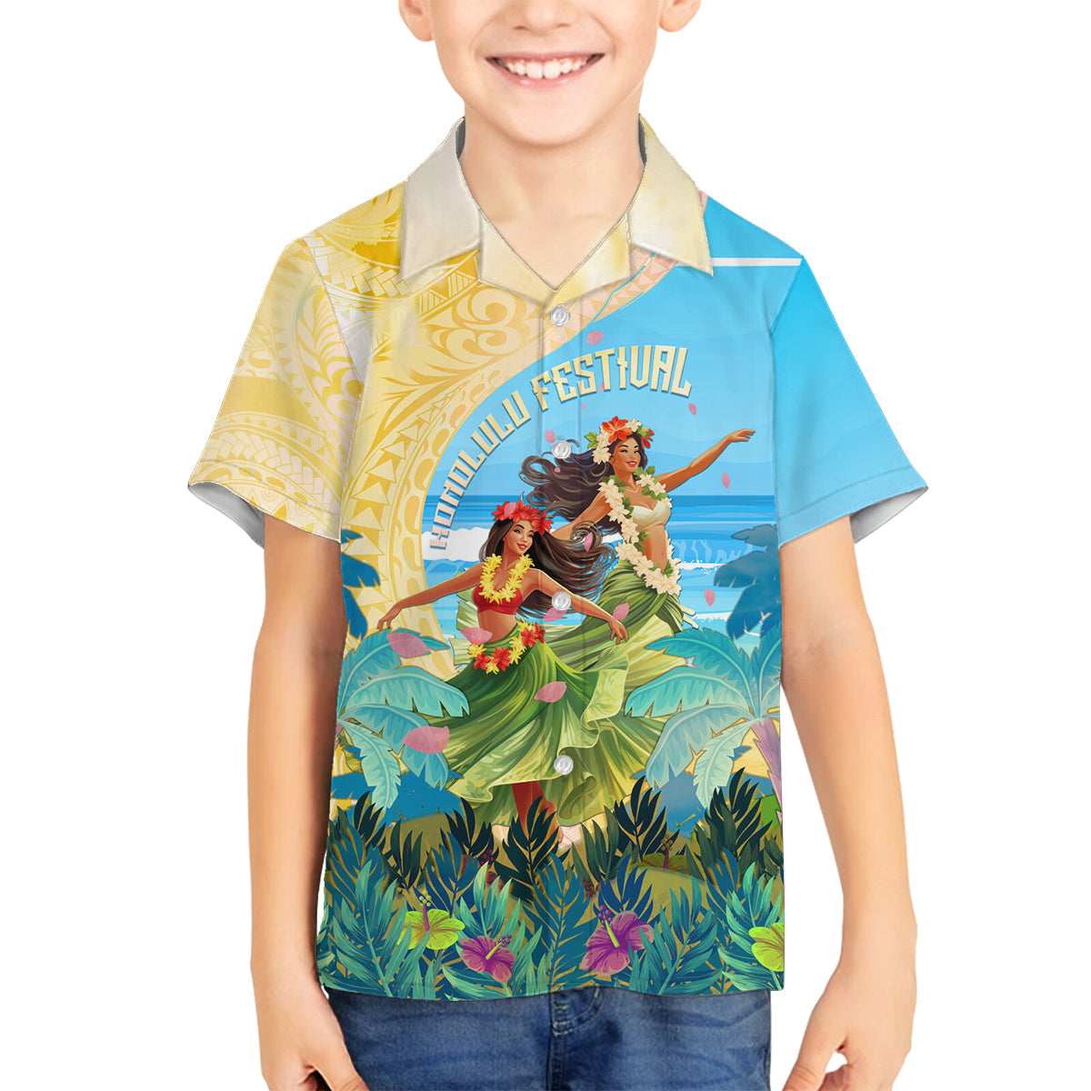 Personalised Hawaii Honolulu Festival Family Matching Puletasi and Hawaiian Shirt Hula Girls Tropical Vibe LT05 Son's Shirt Blue - Polynesian Pride