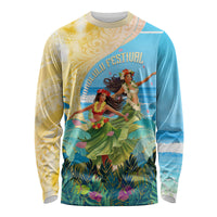 Personalised Hawaii Honolulu Festival Long Sleeve Shirt Hula Girls Tropical Vibe LT05 Unisex Blue - Polynesian Pride
