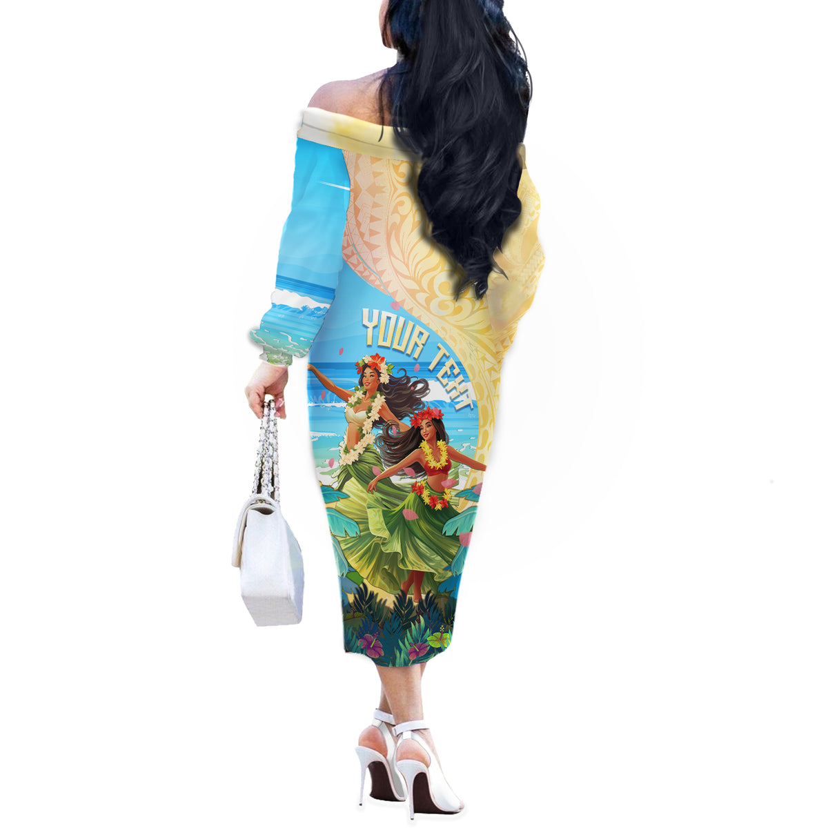 Personalised Hawaii Honolulu Festival Off The Shoulder Long Sleeve Dress Hula Girls Tropical Vibe LT05 - Polynesian Pride
