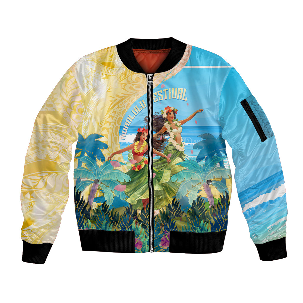 Personalised Hawaii Honolulu Festival Sleeve Zip Bomber Jacket Hula Girls Tropical Vibe LT05 Unisex Blue - Polynesian Pride