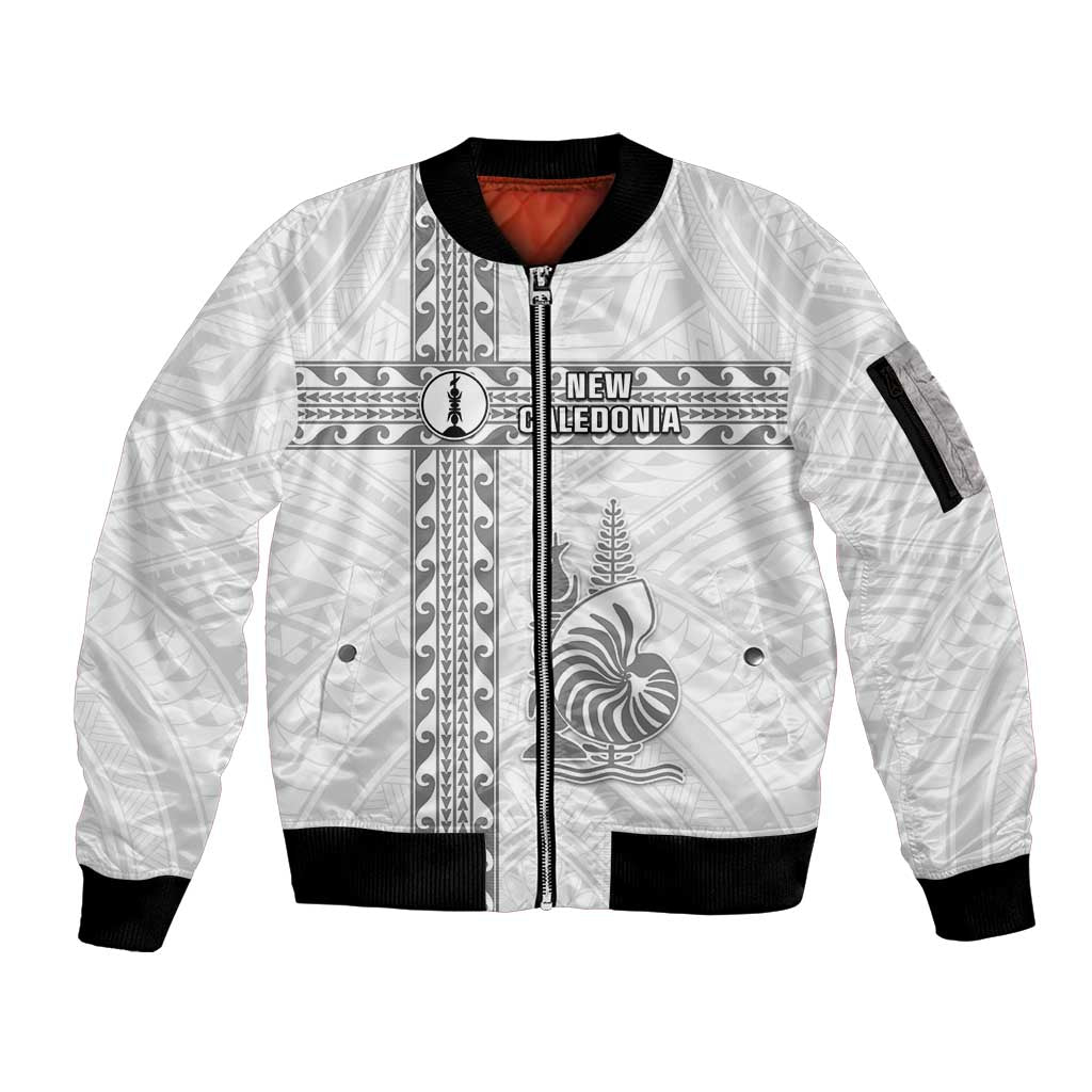 Custom New Caledonia Football Sleeve Zip Bomber Jacket Go The Kagus LT05 Unisex White - Polynesian Pride