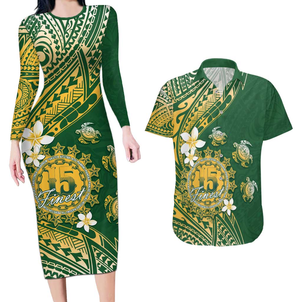 Cook Islands 15 Finest Couples Matching Long Sleeve Bodycon Dress and Hawaiian Shirt Plumeria Polynesian Turtle
