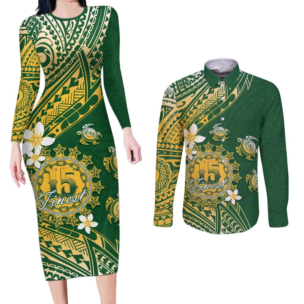 Cook Islands 15 Finest Couples Matching Long Sleeve Bodycon Dress and Long Sleeve Button Shirt Plumeria Polynesian Turtle