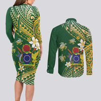 Cook Islands 15 Finest Couples Matching Long Sleeve Bodycon Dress and Long Sleeve Button Shirt Plumeria Polynesian Turtle