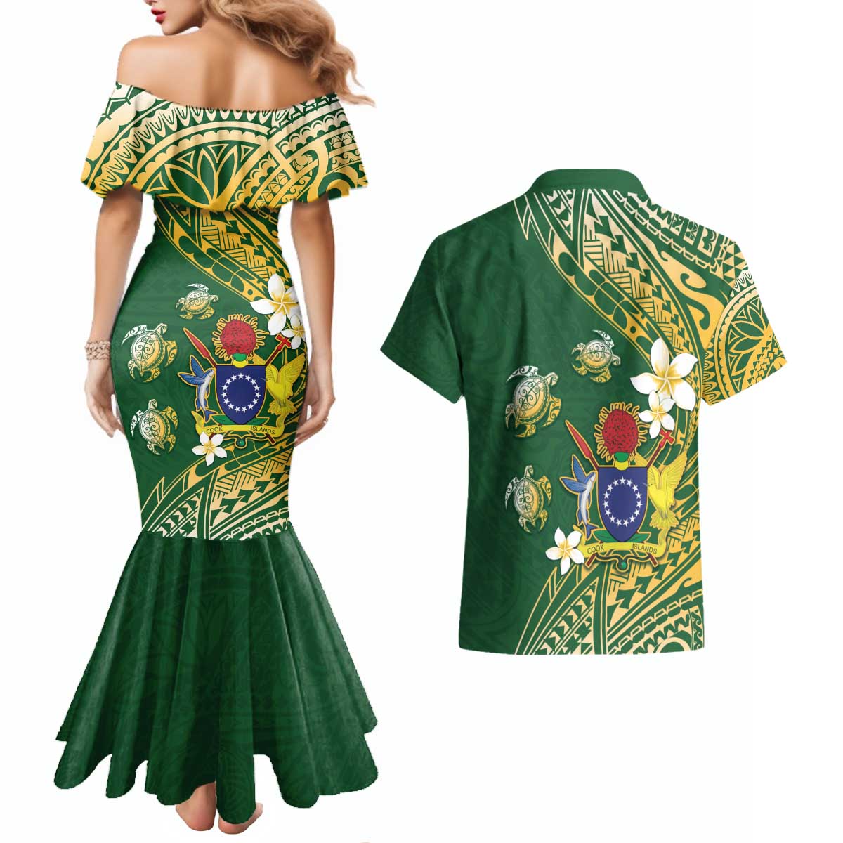 Cook Islands 15 Finest Couples Matching Mermaid Dress and Hawaiian Shirt Plumeria Polynesian Turtle