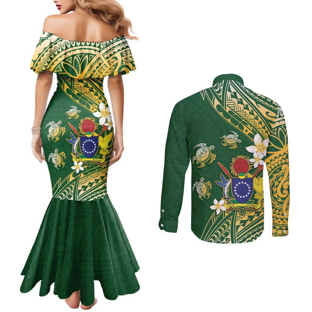 Cook Islands 15 Finest Couples Matching Mermaid Dress and Long Sleeve Button Shirt Plumeria Polynesian Turtle