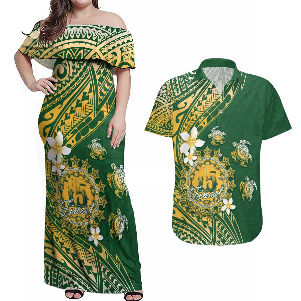 Cook Islands 15 Finest Couples Matching Off Shoulder Maxi Dress and Hawaiian Shirt Plumeria Polynesian Turtle