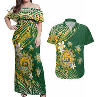 Cook Islands 15 Finest Couples Matching Off Shoulder Maxi Dress and Hawaiian Shirt Plumeria Polynesian Turtle